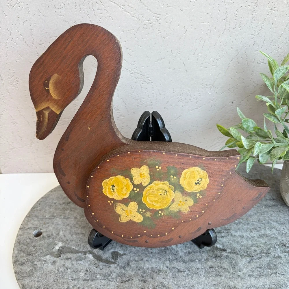 Vintage Hand Painted Wooden Swan Wall Decor Folk Art Yellow Floral 9 Inch